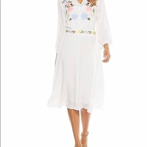 White Embroidered Balloon Sleeve V- Neck Dress